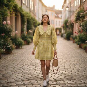 NWT Ganni Yellow Green Point Collar Checked Long Sleeve Mini Dress